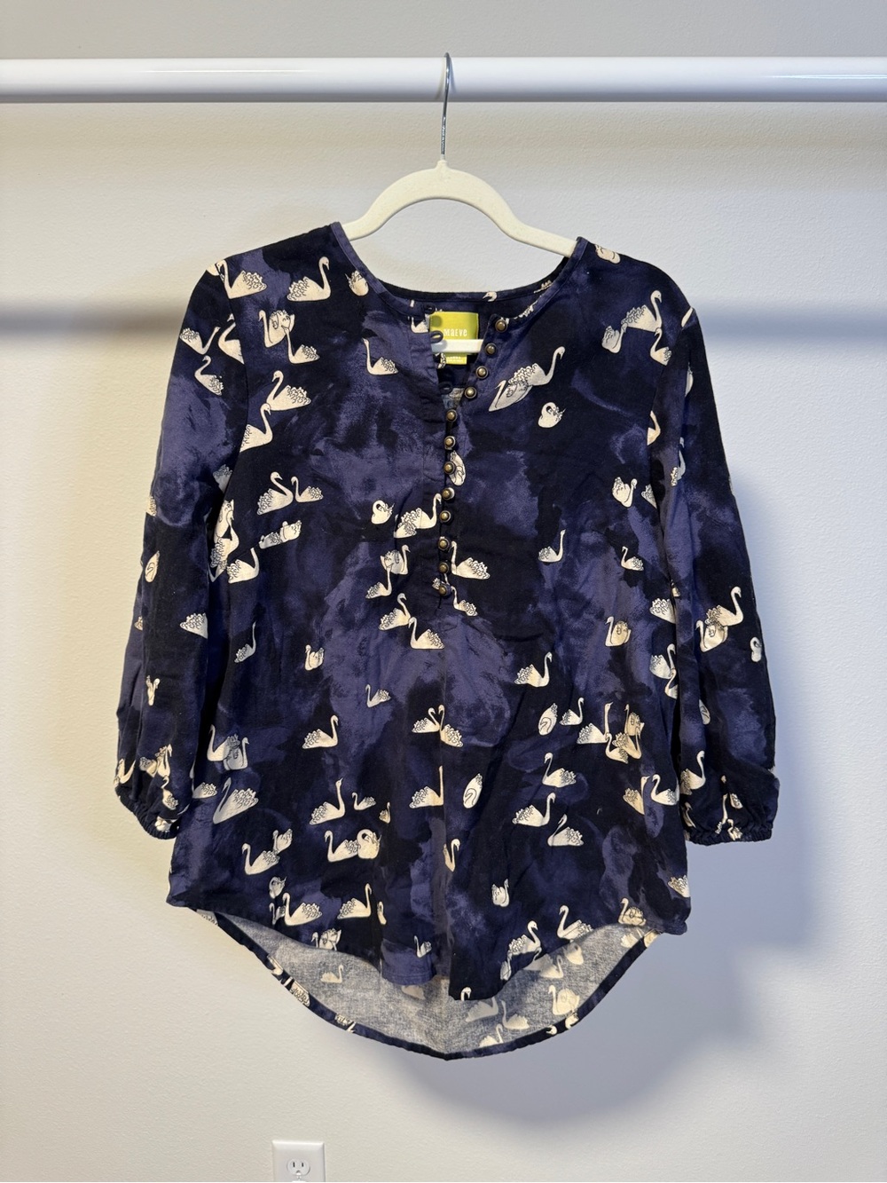Maeve by Anthropologie Bethesda Swan Print Blouse Large Cotton Navy Blue/White